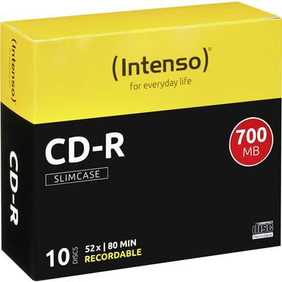 'Intenso' CD-R pack of 10 CDs in slimline cases, 700 MB, 80 minutes recording time.