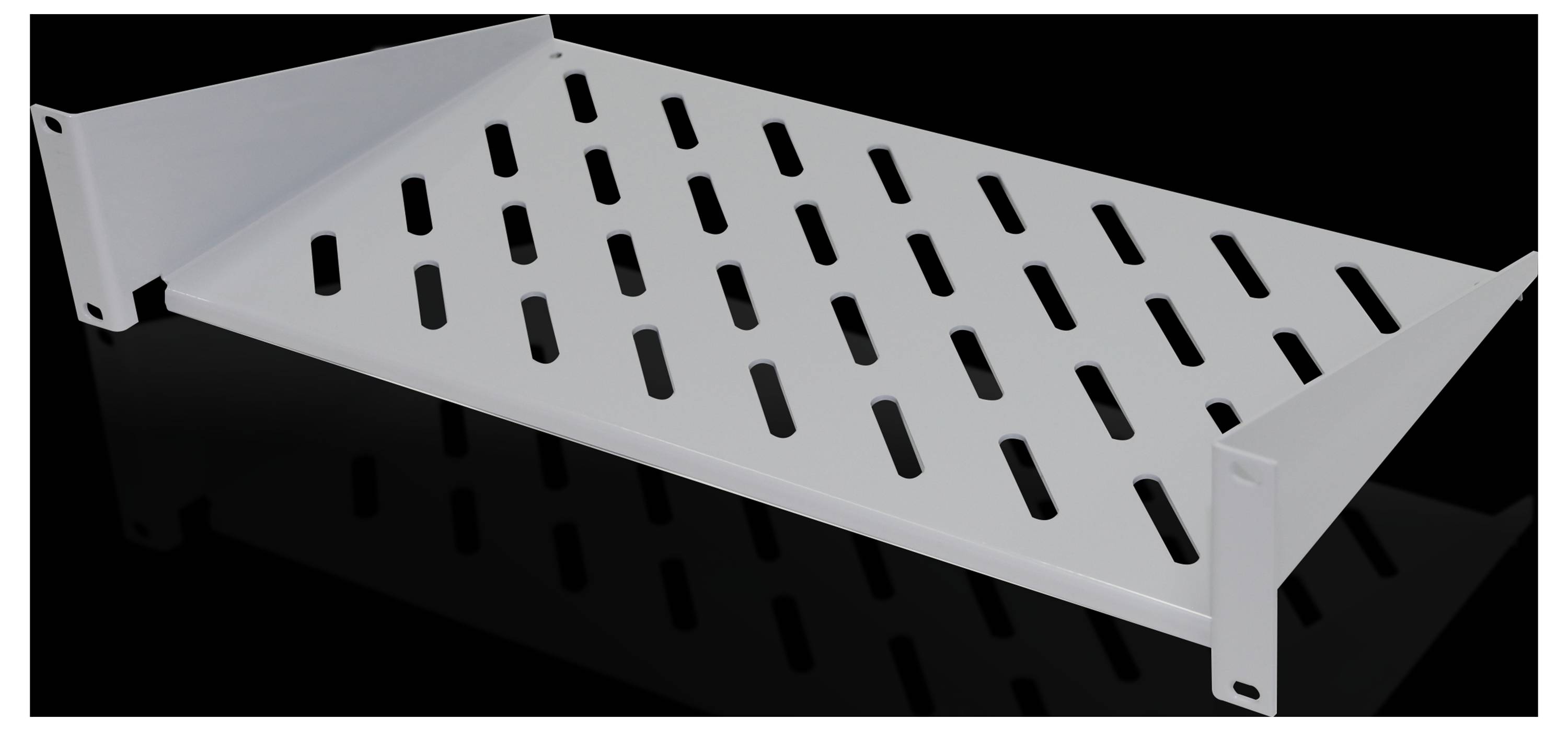 A grey, perforated metal shelving unit with side mounting brackets, shown against a black background.
