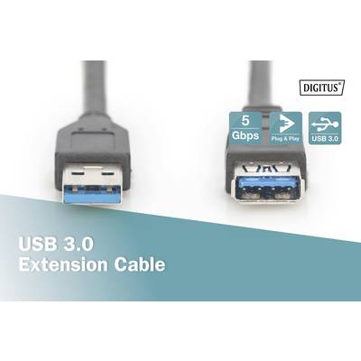 USB 3.0 Extension Cable. Shows two plug ends, labels reading '5 Gbps', 'Plug & Play', 'USB 3.0', and brand logo in top right corner.