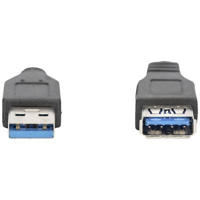 Two USB 3.0 plugs and sockets in close-up. On the left is a USB plug, on the right a USB socket. Both are black with blue inner sections.