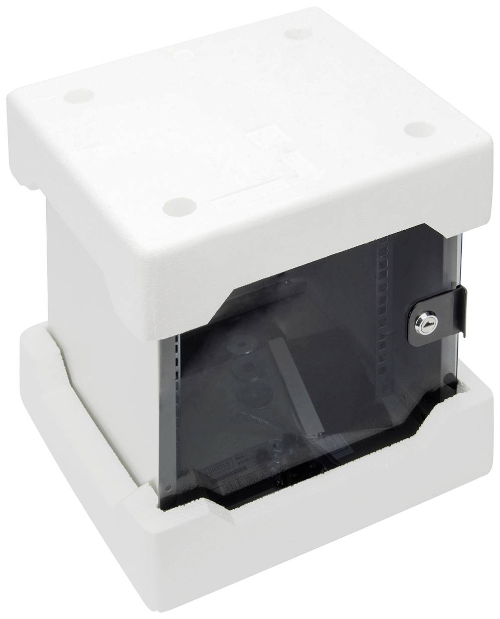 White, box-shaped packaging with a transparent front flap secured by a lock.