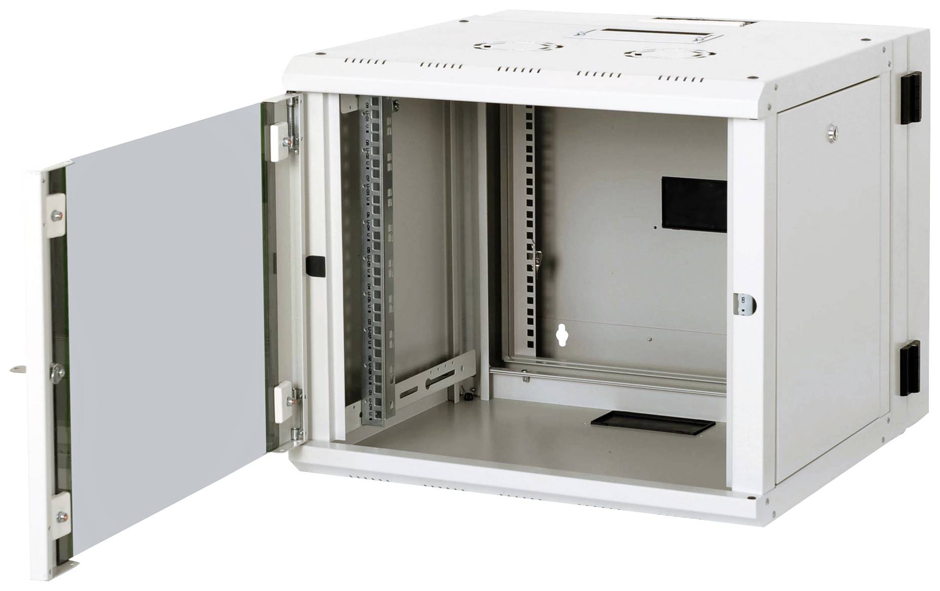 White, open wall-mounted enclosure with hinges, suitable for network devices. Front door and side panels are open, interior visible.