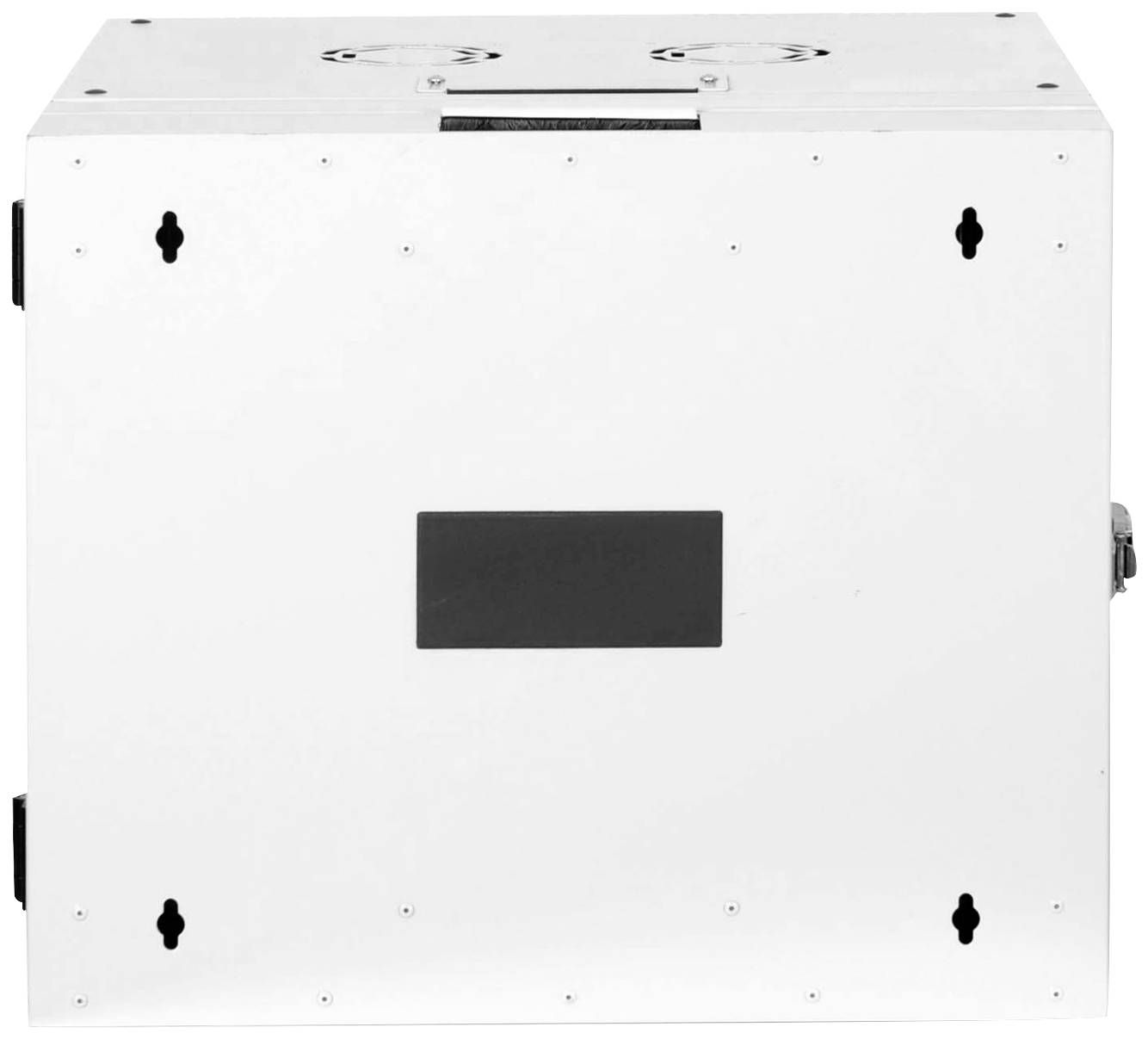 A white metallic box with a rectangular black surface in the centre. Screws are visible at the corners.