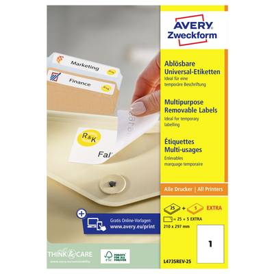 Avery Zweckform removable labels packaging showing a hand peeling a label from a folder, with text for multilingual multipurpose removable labels and all printers.