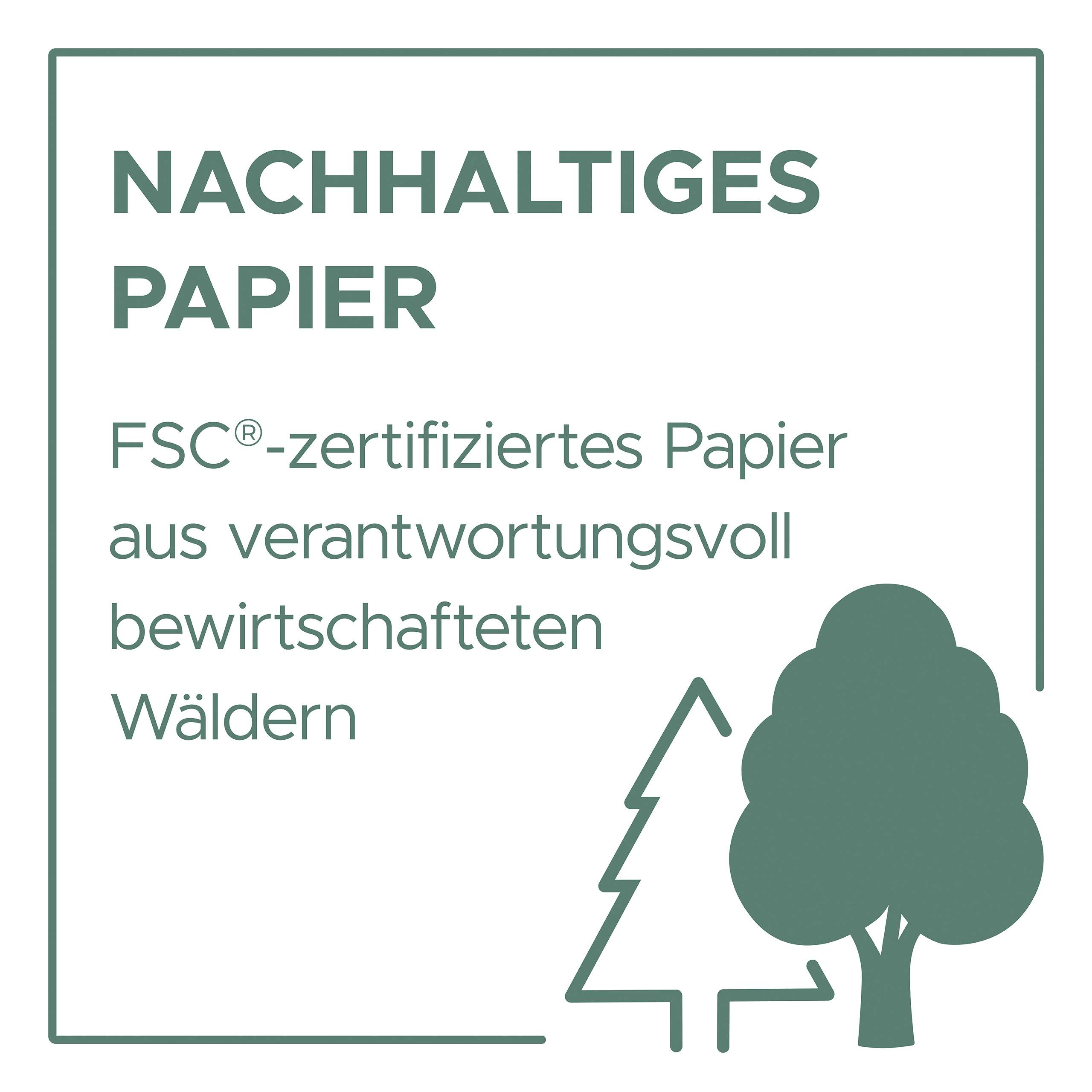 Sustainable Paper: FSC®-certified from responsibly managed forests. Graphic shows tree and arrow.