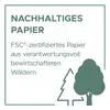Sustainable Paper: FSC®-certified from responsibly managed forests. Graphic shows tree and arrow.