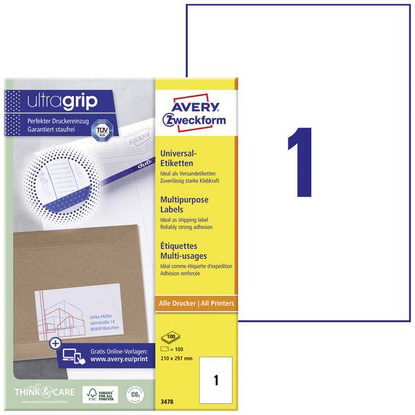 Avery-Zweckform 3478 All-purpose labels 210 x 297 mm Paper White 100 pc(s) Permanent adhesive Inkjet printer, Laser printer, Laser, colour, Copier, Colour copier, Manual labeling