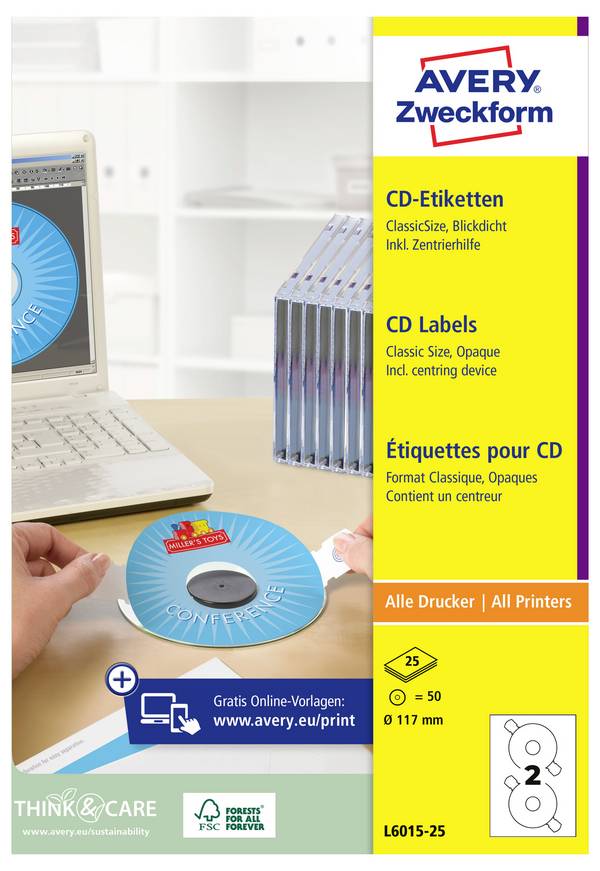Avery-Zweckform L6015-25 CD labels Ø 117 mm Paper White 50 pc(s) Permanent adhesive Inkjet printer, Laser printer, Laser, colour, Copier, Colour copier, Manual labeling
