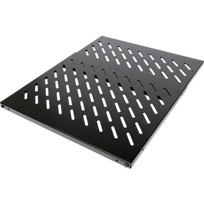 Metal shelving with ventilation slots, used to support equipment in a server or network cabinet.