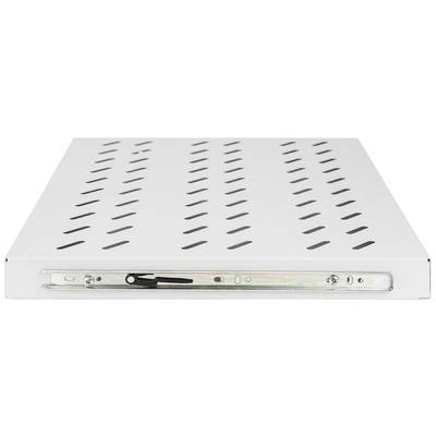 A metallic, perforated shelf with side rail guidance for shelving systems.