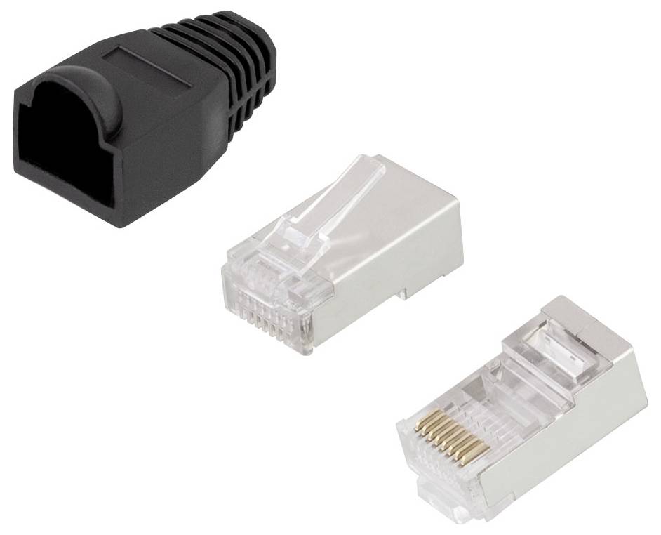 An Ethernet boot and two RJ45 connectors are shown. The connectors are used for networking cables, with one fully metal covered.
