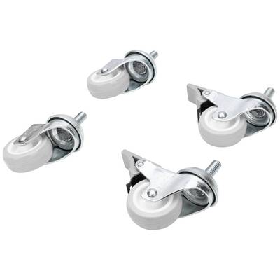 Four white castor wheels with metal mountings and threaded bolts, arranged in different orientations, on a white background.