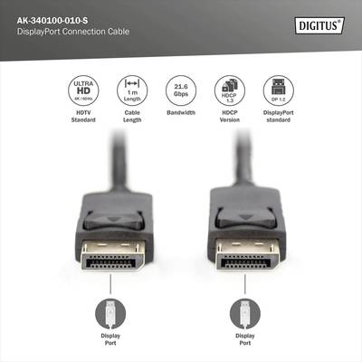 DisplayPort cable, 1m in length, supports Ultra HD Standard 1.3, 21.6 Gbps bandwidth, with HDCP version 1.3.
