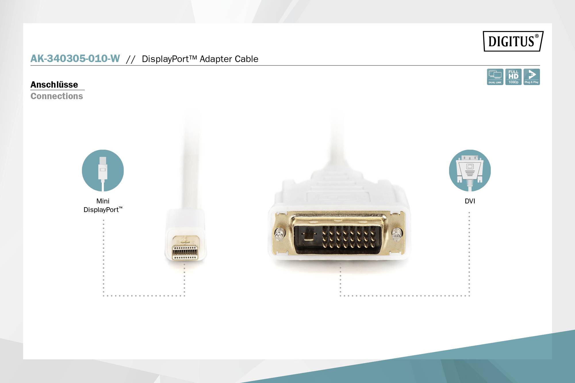 Digitus Mini DisplayPort / DVI Adapter cable Mini DisplayPort plug, DVI-D 24+1-pin plug 1.00 m White AK-340305-010-W scr-7