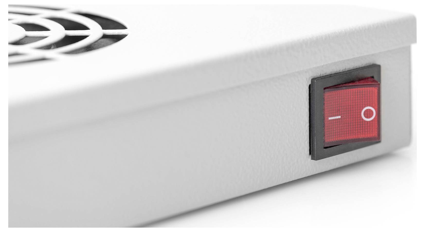 'A close-up of a red power switch on an electronic device, currently in the off position, next to a ventilation fan.'