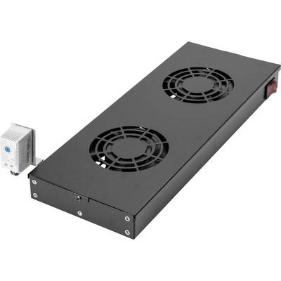 A black rectangular metal cooling unit with two fans and a white control box attached on the side.