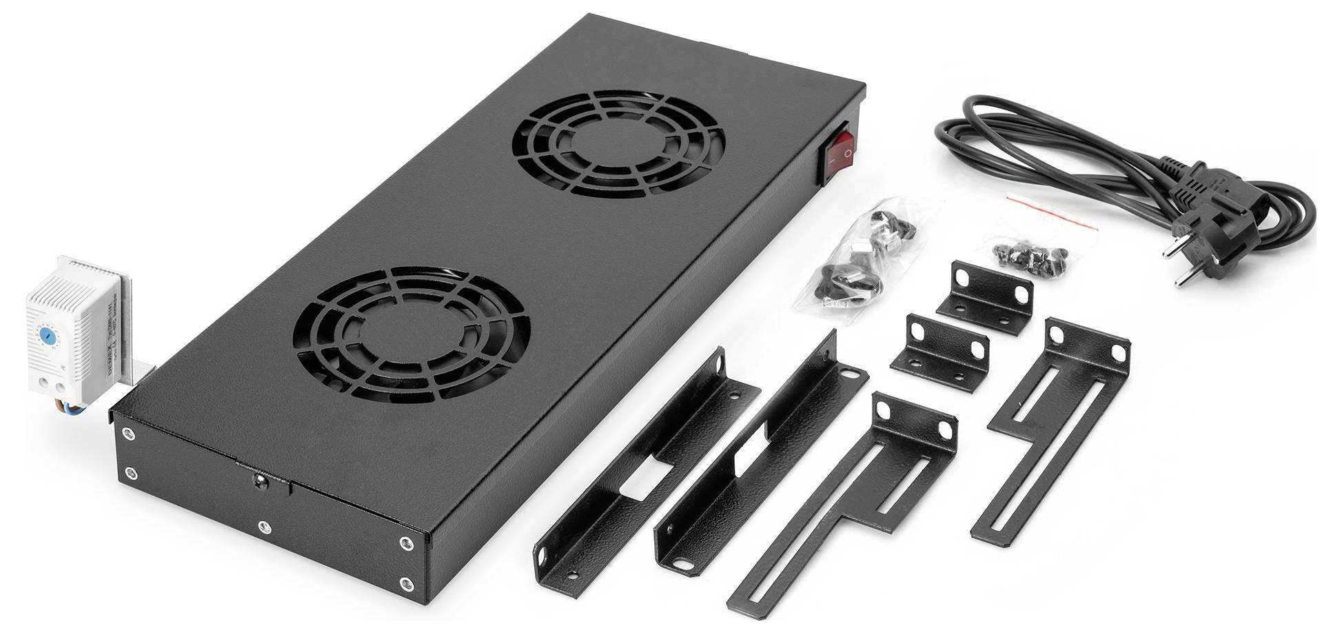 Black cooling fan assembly with two fans, cable, manual control box, screws, and mounting brackets for electronic equipment.