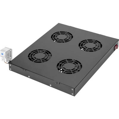 A black metal cooling fan panel with four circular fans, designed for ventilation in electronic devices or server racks.