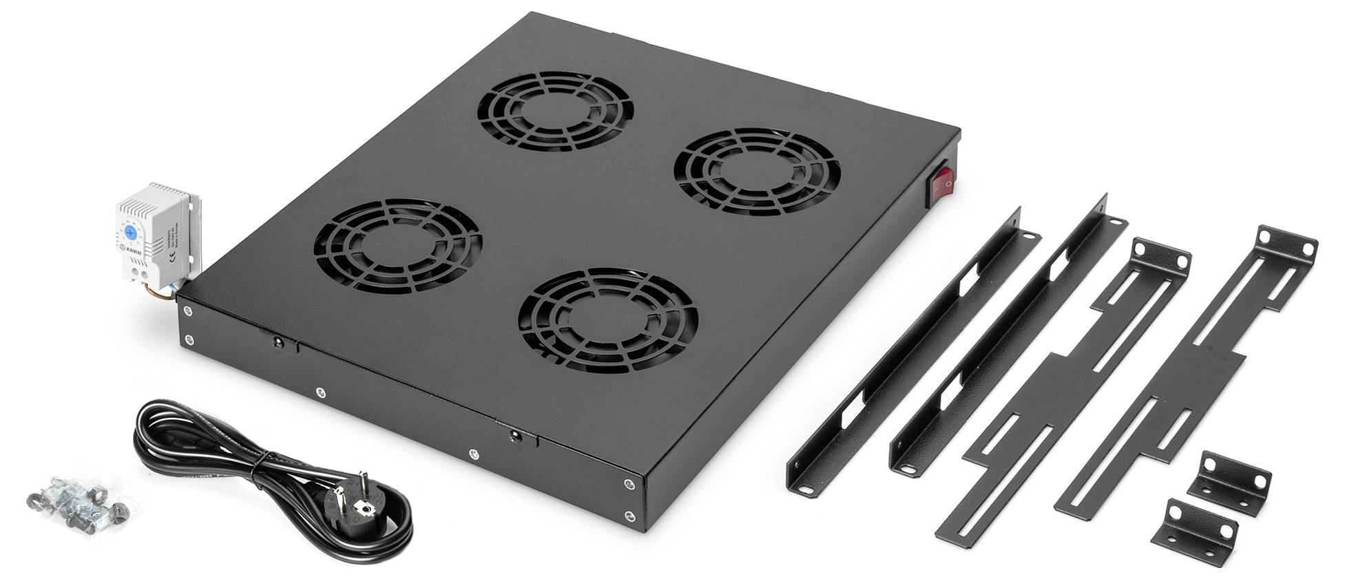 'Black cooling fan unit with four circular vents, detachable power cord, mounting brackets, screws, and a small power switch box.'
