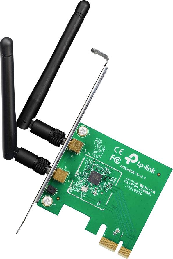 TP-Link wireless PCIe network adapter card with two black antennas attached on a white background.