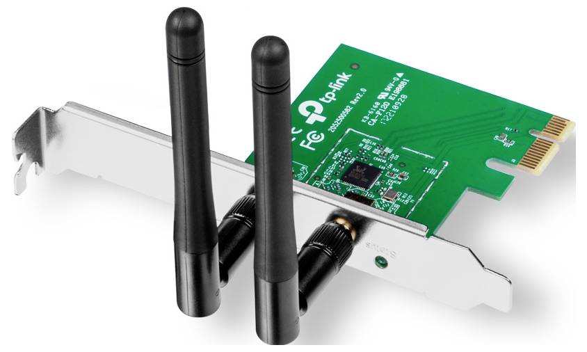 'TP-Link network card with dual antennas, model AC1200, designed for desktop wireless connection, features PCIe support and green circuit board.'