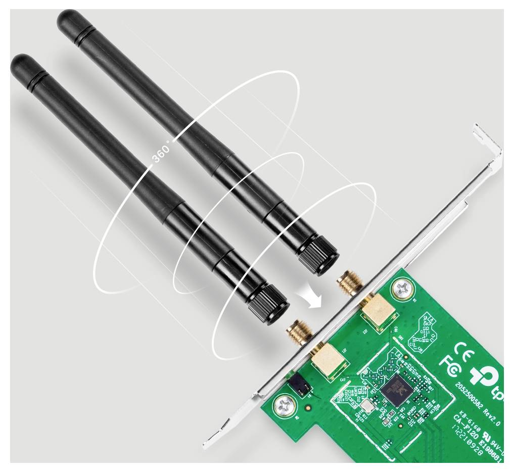 'Image of a wireless network card with two detachable antennae, showing rotation direction, and circuit board with connectors.'