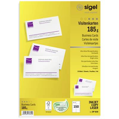'Packaging for Sigel Business Card Paper, 185 gsm, for Inkjet and Laser Printers, 150 Cards. Includes schematic business card illustration.'