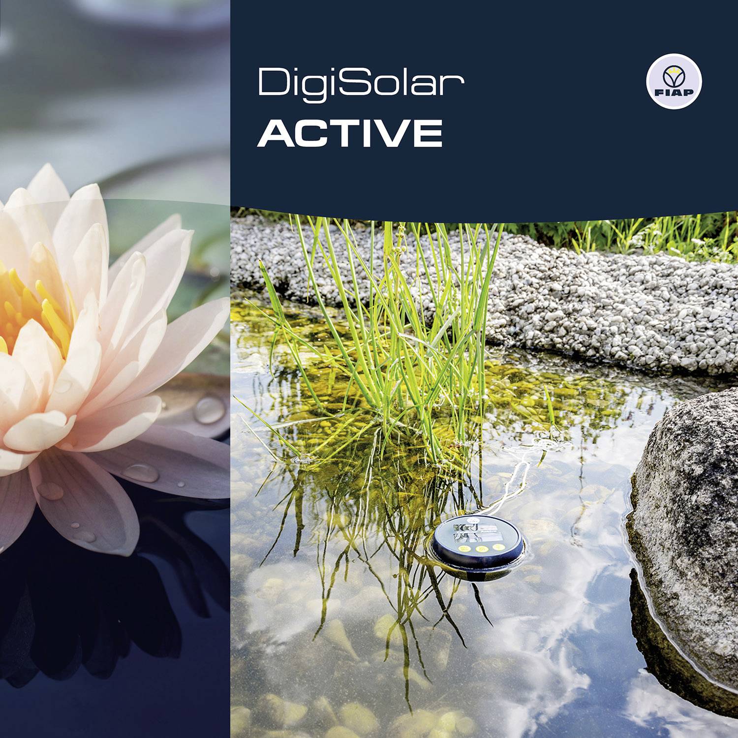 A pond with aquatic plants and a digital sensor on the water surface. On the left, a flowering water lily. Text: 'DigiSolar ACTIVE'.