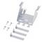 Metal bracket and accessories, including four screws and three metal strips, on a white background.