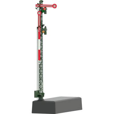 A model of a historical railway signal standing vertically on a plinth, with a red and white signal arm in its signalling position.