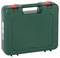 'Green tool case with red fastening and carrying handle, brand logo on the front.'