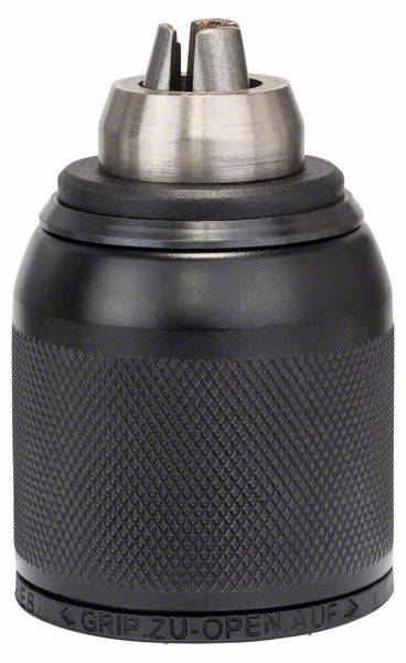 Grey drill chuck attachment with a ribbed surface, open at the top for drill bit insertion.