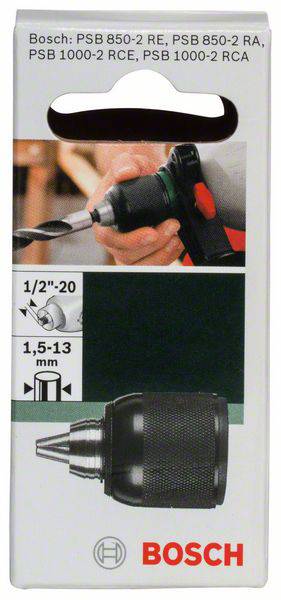Image of a Bosch packaging for a drill chuck. Shows a drill chuck on a drill machine with size specifications of '1.5-13 mm'.