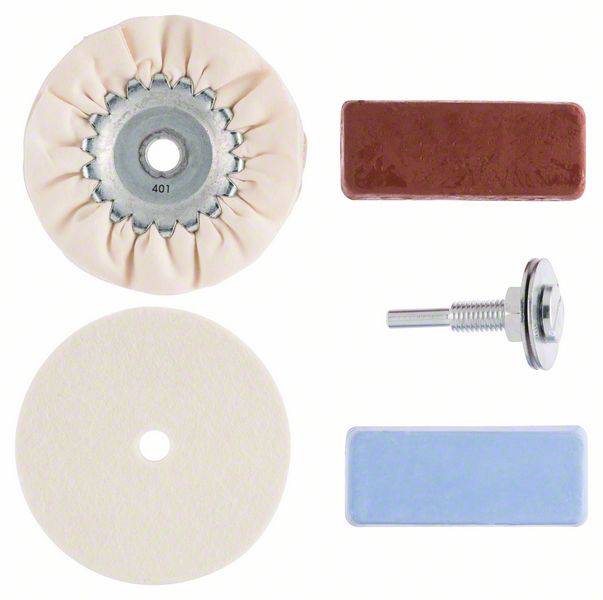 Set of four polishing items: Round fabric disc, brown block, white felt pad and blue block, along with small metal adapter.