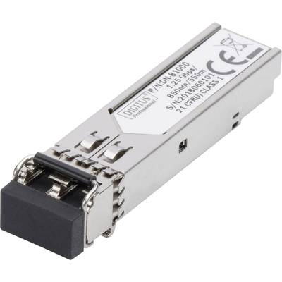 An optical SFP module with specifications and CE marking printed, for use in network switches for fibre-optic communication.