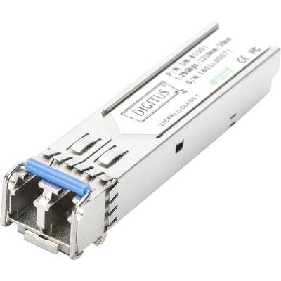 A small form-factor pluggable (SFP) module with a metal casing and an LC port, suitable for fibre optic connections. Device displays brand and standard symbols.