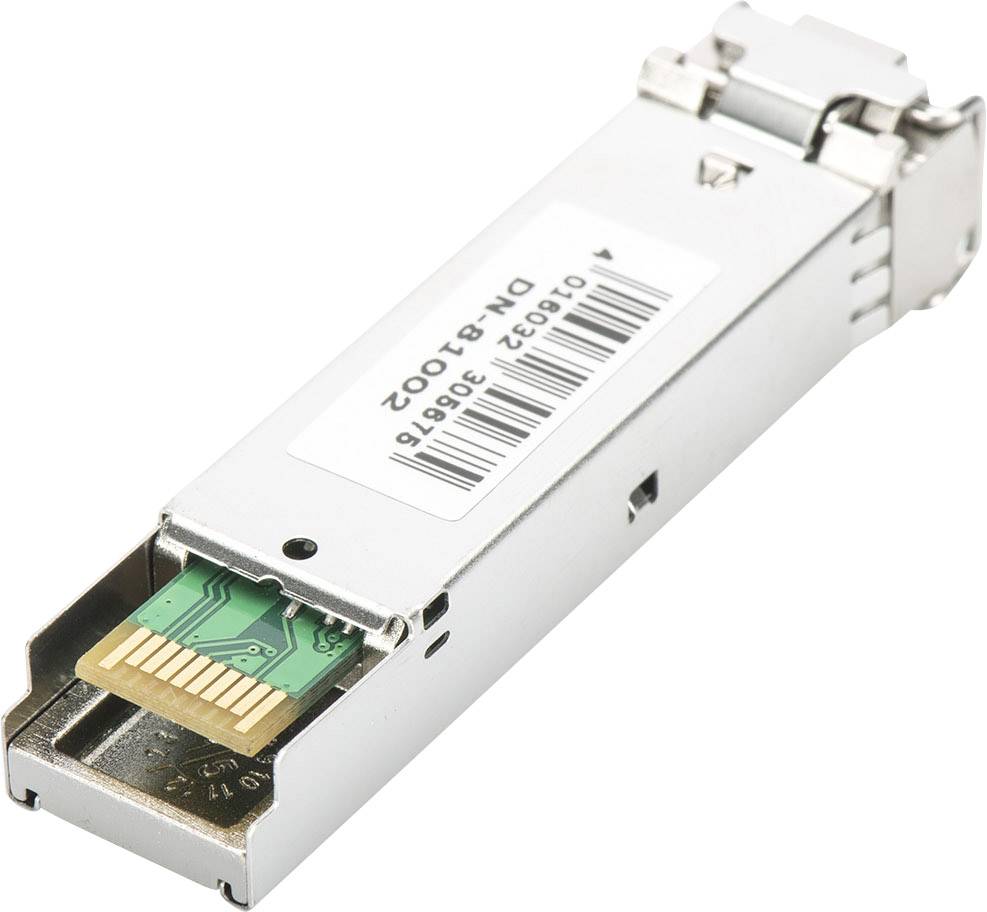 An SFP module with contact side and label 'DN-B-3002'. Used for network connection in switches and routers.
