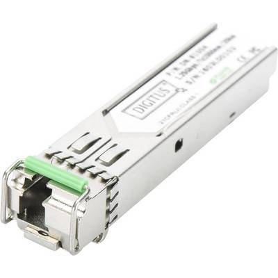 A silver SFP transceiver with a green marking and the inscription 'DIGITUS'. It is used in network devices.