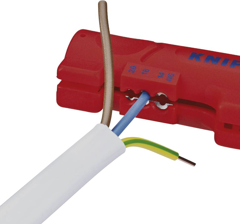 A red wire stripping tool removes the insulation from a cable containing blue, yellow, and brown wires.