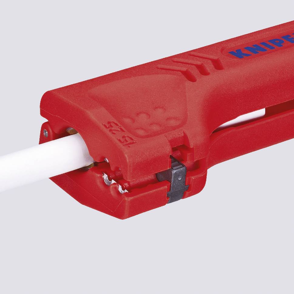 Red cable stripper with a clamped white cable, used for precisely stripping cable sheaths.