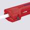 Red cable stripper with a clamped white cable, used for precisely stripping cable sheaths.
