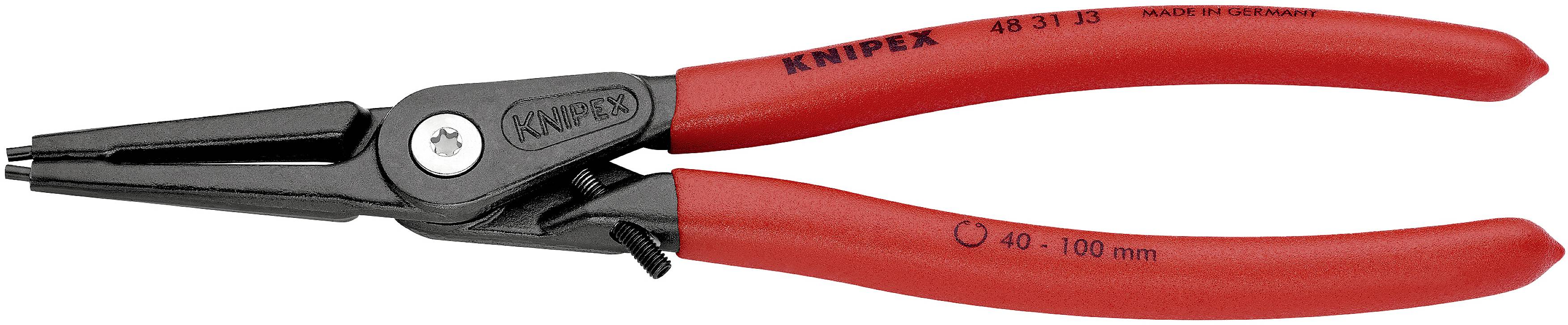A red circlip pliers with a black head, suitable for 40-100 mm rings. 'Knipex' brand name on the handle.