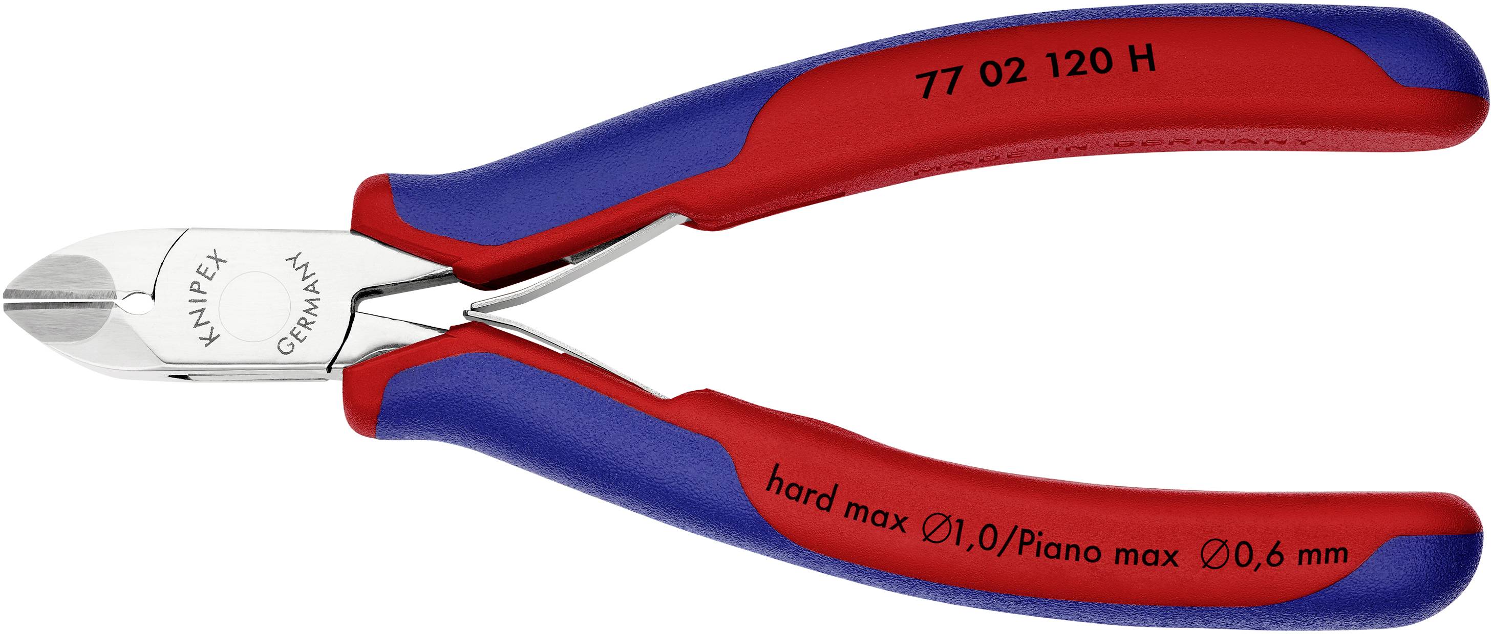 Side cutters with red-blue handle, model number '77 02 120 H', suitable for hard wires up to 1.0 mm and piano wire up to 0.6 mm.