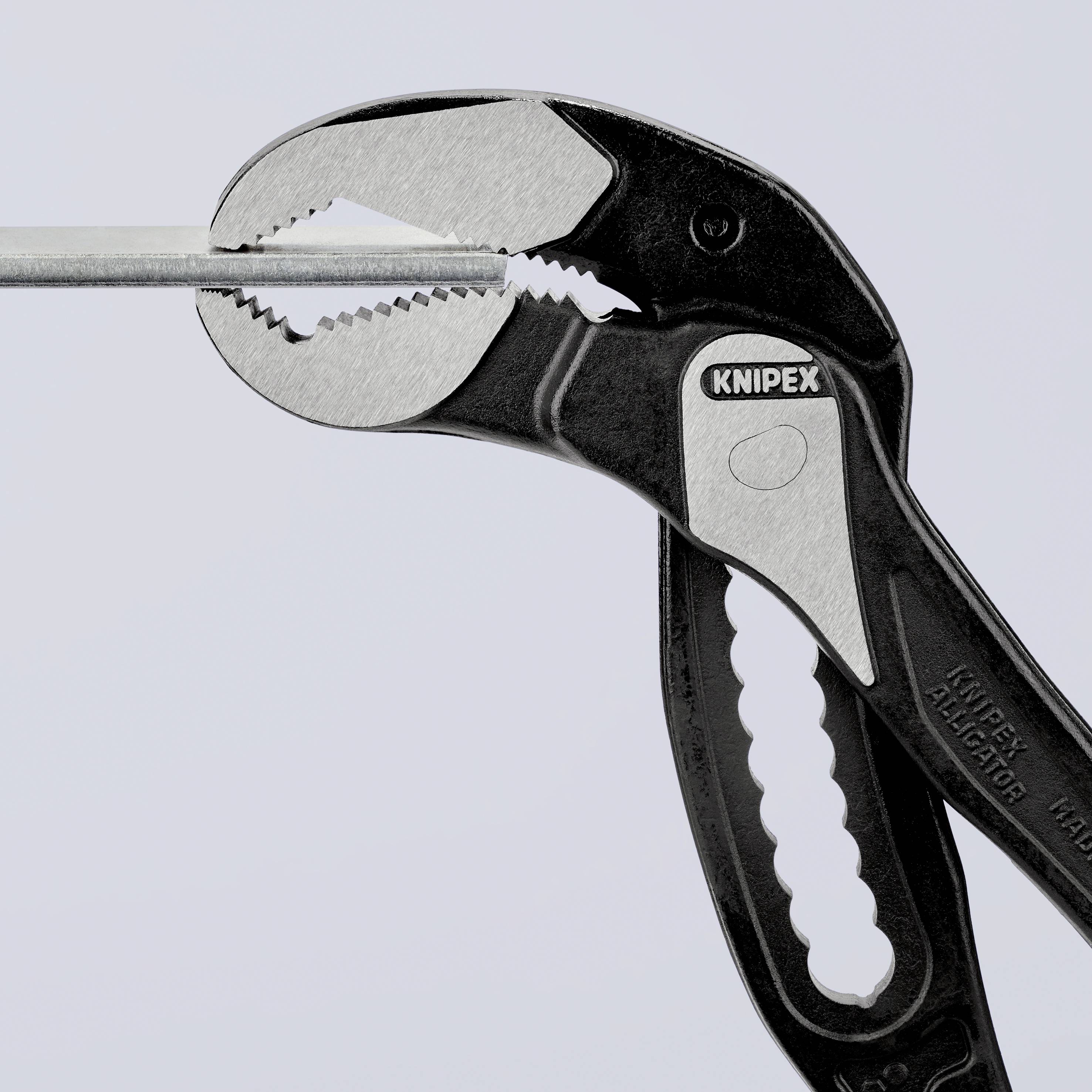 Pliers with a black handle and open jaw gripping a piece of metal.