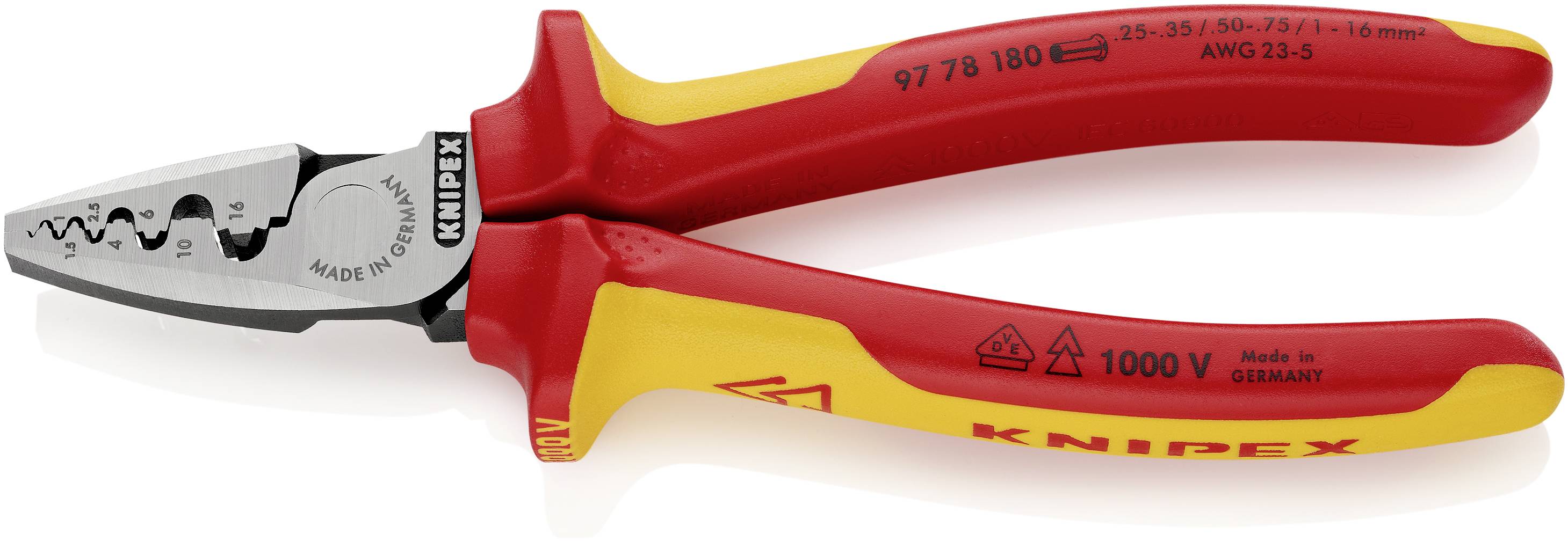 Knipex VDE-Crimpzange fuer Aderendhuelsen 180mm 0,25-16mm² 97 78 180 Crimper Ferrules 0.25 up to 16 mm²