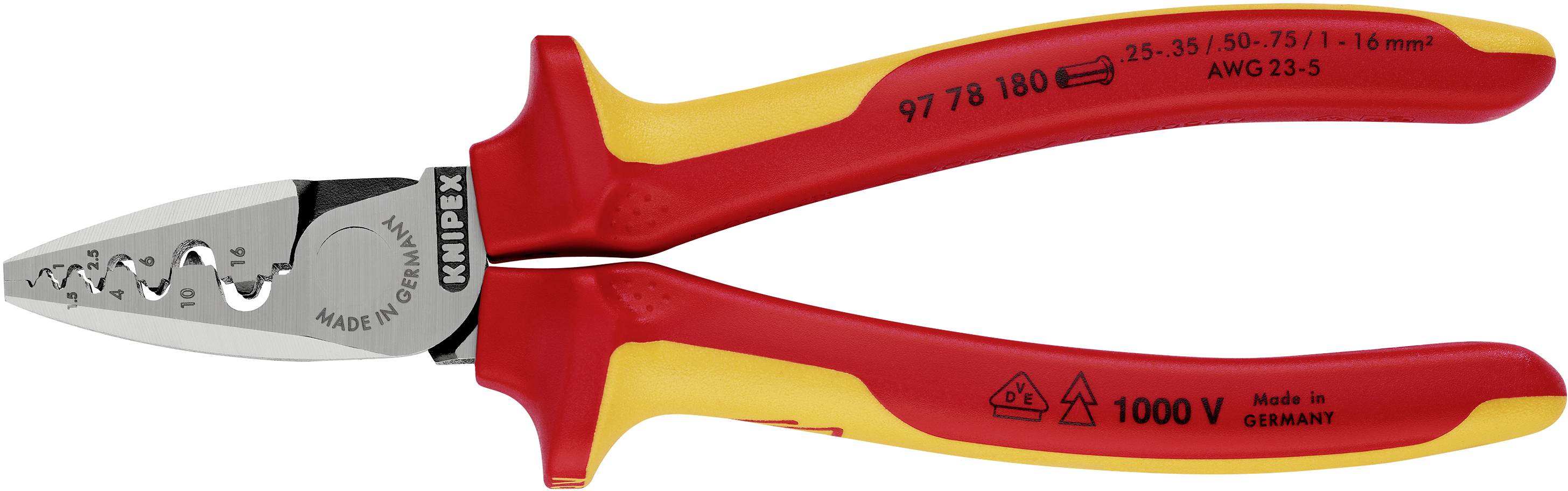 Insulated crimping pliers with red and yellow handles, suitable for use up to 1000 volts.