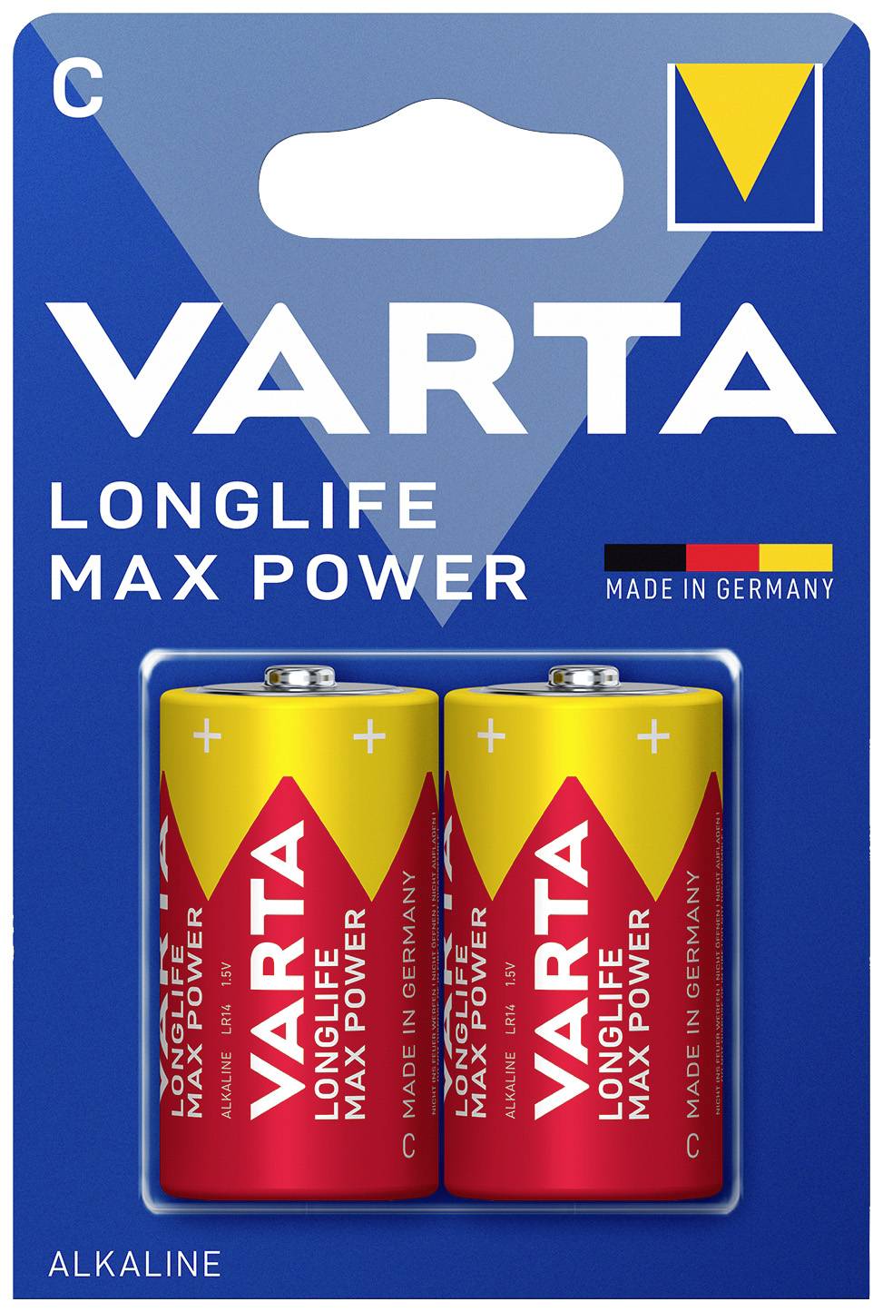 'Varta Longlife Max Power' C Batteries, Pack of 2, displayed on blue cardboard with yellow logo. Country of manufacture: Germany.