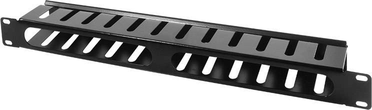 Black cable management panel with horizontal slots for organising cables in a 19-inch rack.