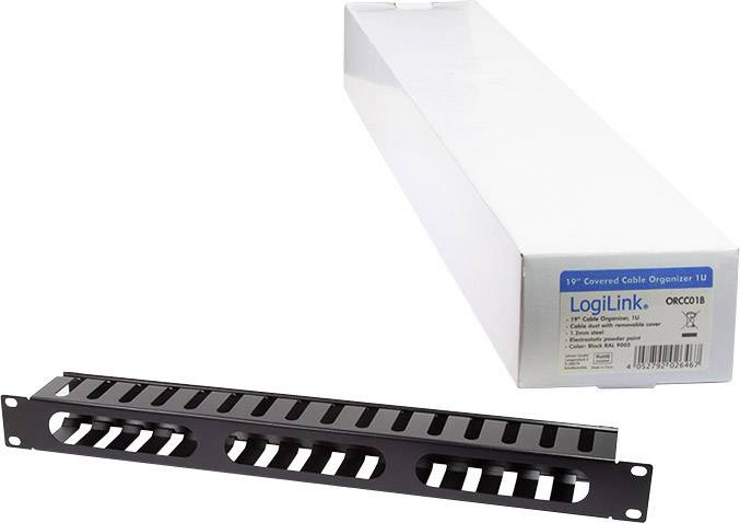 Metal cable organiser from LogiLink with slots for cable management, lying next to its original packaging.