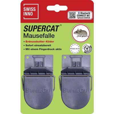 Package for 'Supercat' mouse traps with two traps shown. Features include peanut butter bait and fingerprint activation. Bluetooth ready.